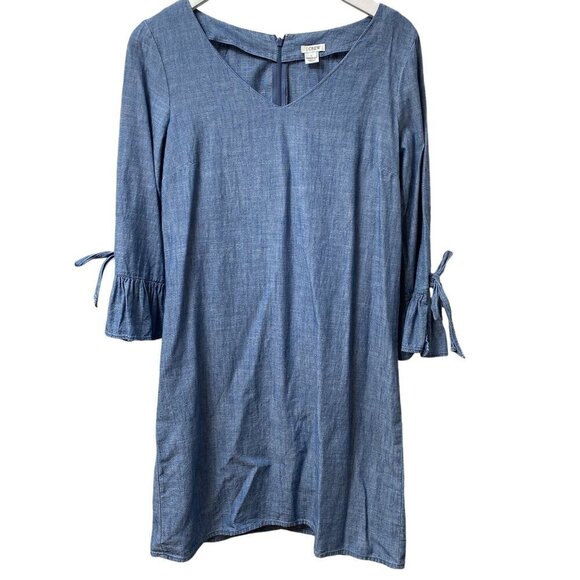 J. CREW Denim Dress Blue Chambray 3/4 Tie Sleeves Casual Western Mini - Picture 5 of 9